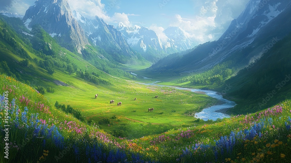 Naklejka premium A serene valley with a river meandering through a meadow of wildflowers and snow-capped mountains in the background.