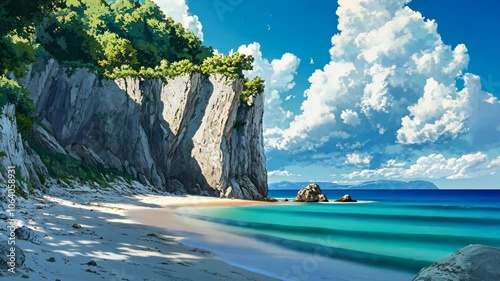 A secluded beach nestled between tall cliffs on a sunny day