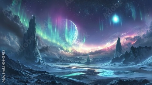 Describe a realm where the sun never sets and the sky is always painted with auroras.