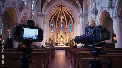 Professional cameras capturing an event in a church setting