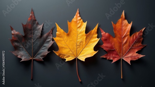 Three textured leaves in black, yellow, and red arranged on a dark background, highlighting their vibrant hues and detailed veins.