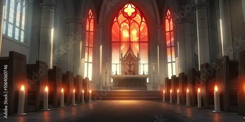 Cathedral: A gothic cathedral, its stained-glass windows casting ominous red light on the altar, adorned with arcane symbols.