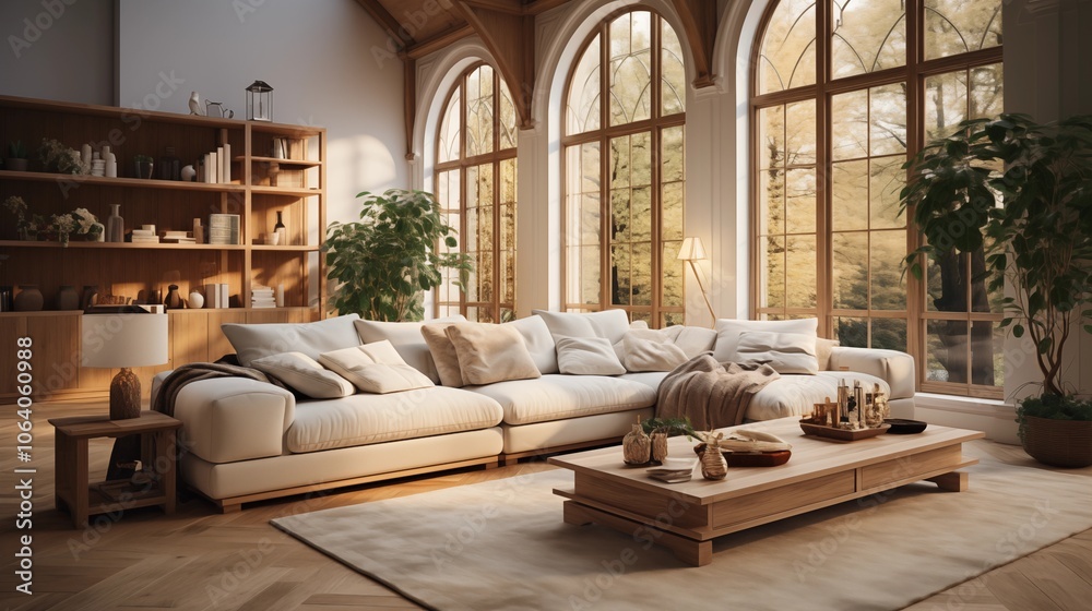 Obraz premium Stylish and cozy living room with comfortable sofa, soft carpet, wooden floor, and lush plants, perfect for a welcoming home space.