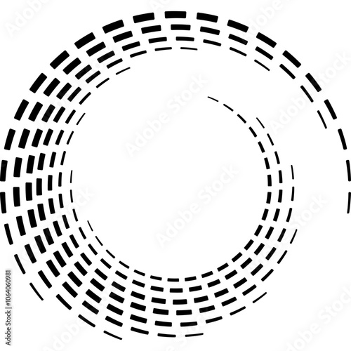 A circular pattern is formed by concentric rings of black dashed lines that create a minimalist radar or sound wave effect. 