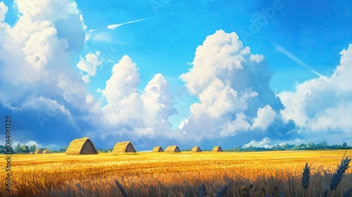 Golden hay bales on a sunny wheat field under a blue sky with fluffy clouds, embracing cottagecore aesthetic and countryside serenity photo