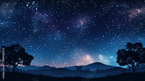 A starry night sky over a silhouetted landscape with trees and hills.