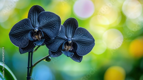 Two black orchids with blurred green and yellow background. photo