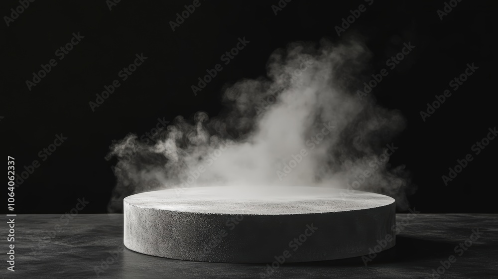 Empty round white podium in dark studio with grunge concrete floor smoke and spotlight Empty round white podium in dark studio with grunge concrete floor smoke and spotlight