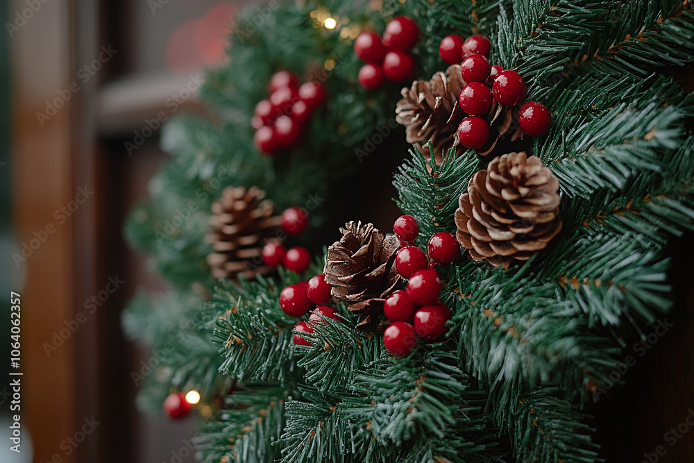a festive wreath made of pine branches and berries on a door. a festive wreath made of pine branches and berries on a door.