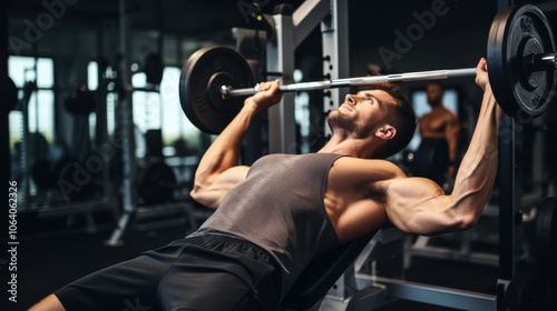 A muscular bodybuilder intensely lifts weights in a gym, showcasing strength and dedication to fitness.