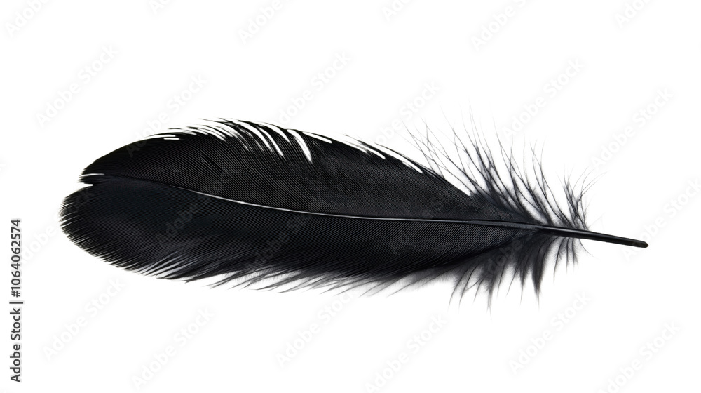 Single black feather isolated on gray background. Long pointed tail, slightly curled end. Feather appears to float in air, smooth, fluffy, soft, fragile. Black plume, single quill, bird wing, Single black feather isolated on gray background. Long pointed tail, slightly curled end. Feather appears to float in air, smooth, fluffy, soft, fragile. Black plume, single quill, bird wing,