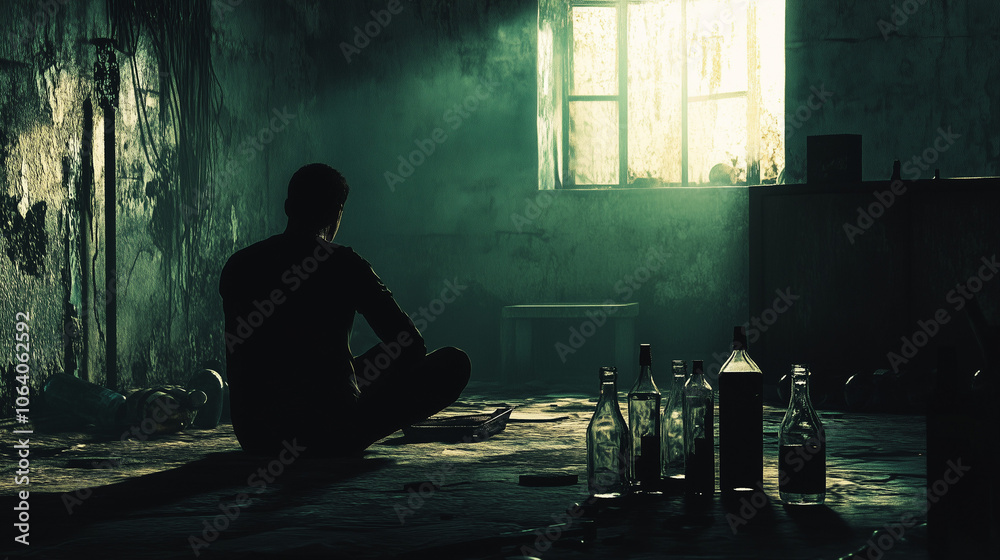 Silhouette of a man sitting alone in a dimly lit room with empty bottles, symbolizing isolation and introspection Silhouette of a man sitting alone in a dimly lit room with empty bottles, symbolizing isolation and introspection