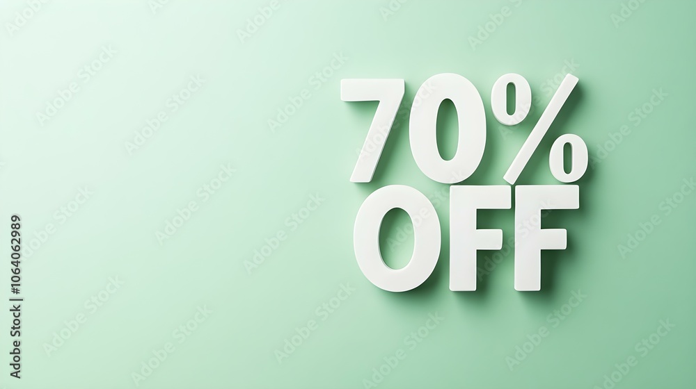 White '70% OFF' Promotional Sign on a Light Green Background with Copy Space White '70% OFF' Promotional Sign on a Light Green Background with Copy Space