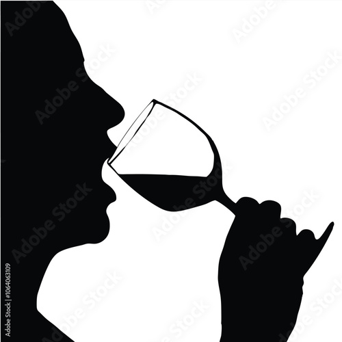 a black silhouette of a person's head and neck, holding a wine glass and drinking from it