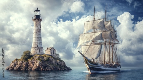 Wallpaper Mural A tall ship sails past a weathered lighthouse on a rocky island, with fluffy clouds in a bright blue sky. Torontodigital.ca