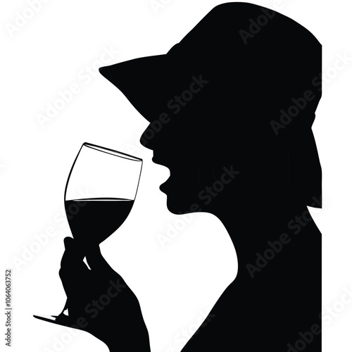 a black silhouette of woman head holding a wine glass and drinking from it