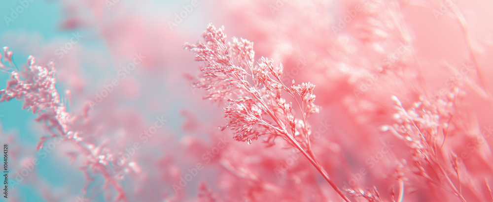 Fototapeta premium Soft Pink and Blue Banner with Abstract Botanical Plant Background and Copy Space