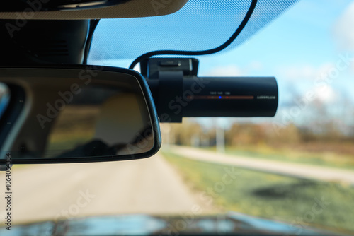 Interior View of Car with BlackVue Dashcam on Rural Road