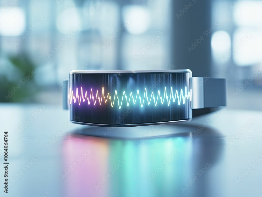 Smart wearable technology projecting health metrics in dynamic colors, redefining personal wellness and reputation management in sleek urban spaces.