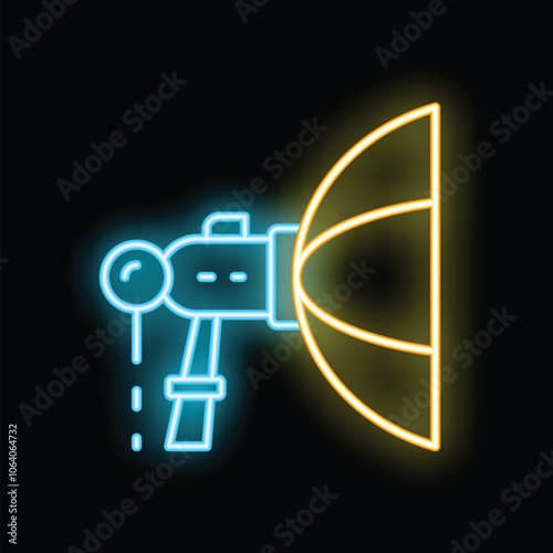Bright neon icon of a photography studio flash with softbox is glowing on a dark background