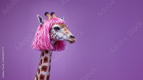 Long neck Giraffe wearing a pink short cut bop hairstyle wig isolated on purple background photo