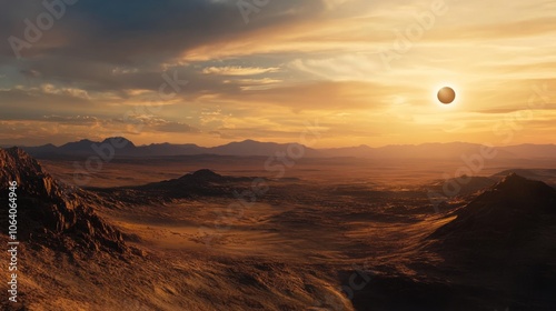 A dramatic sunset over a vast, desert landscape with a partial solar eclipse in the sky.