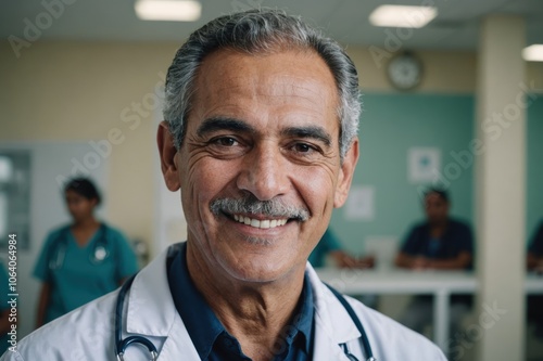 Close portrait of a smiling senior Salvadoran man doctor looking at the camera, Salvadoran hospital blurred background photo