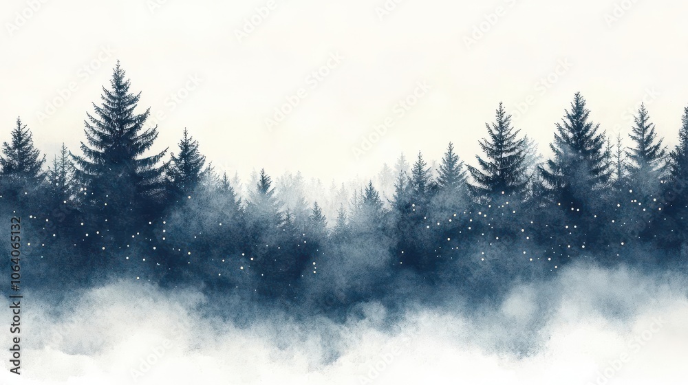 Fototapeta premium snowy pine trees covered in twinkling lights, peaceful winter night, watercolor effect, isolated on white background