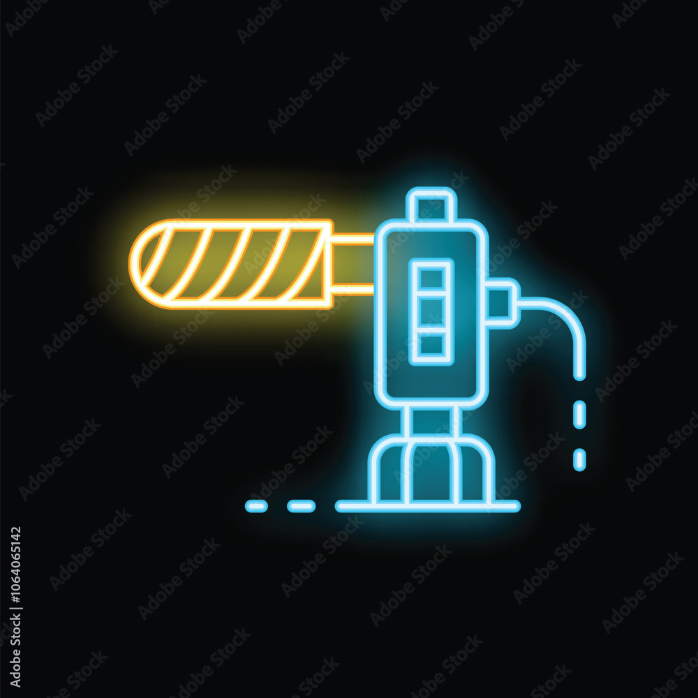 Glowing neon line icon of a drilling rig extracting oil, isolated on a black background Glowing neon line icon of a drilling rig extracting oil, isolated on a black background