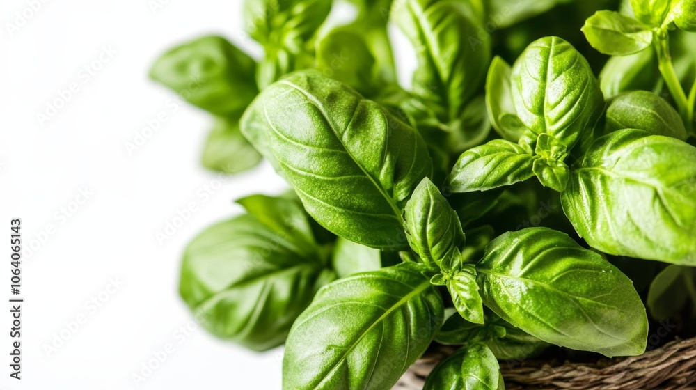 Fresh, fragrant Genovese basil herbs thrive in a pot, their vibrant green leaves standing out on a white background, ready to add zest to any culinary creation. Fresh, fragrant Genovese basil herbs thrive in a pot, their vibrant green leaves standing out on a white background, ready to add zest to any culinary creation.