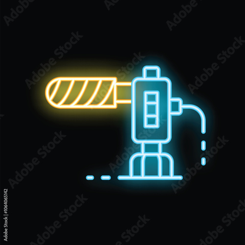 Glowing neon line icon of a drilling rig extracting oil, isolated on a black background