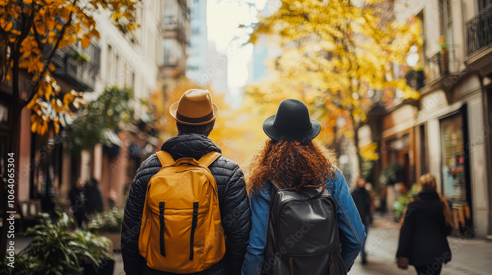 Fototapeta premium City Street Market with Autumn Leaves, Urban Lifestyle