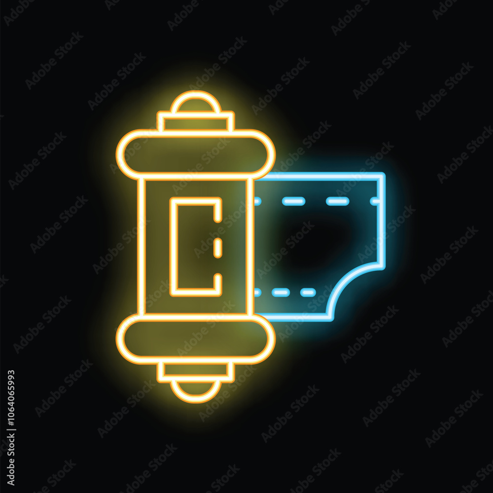 Fototapeta premium Glowing neon line photo camera film icon isolated on black background