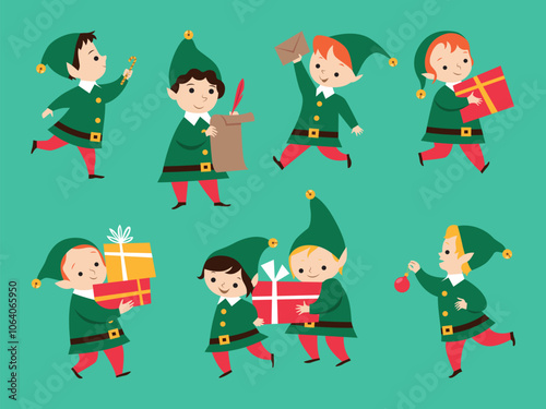 Set of Christmas elves holding holiday gifts, ornament, candy cane, envelope, list. Collection of Santa's helper with present box. Cute cartoon character wear green costumes. Vector illustration