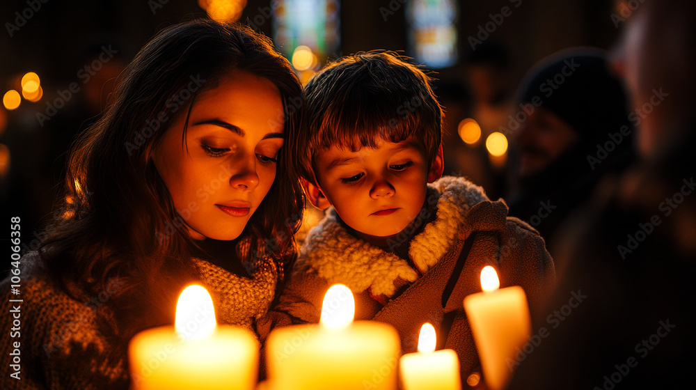Family Praying Together in Festive Christmas Setting Family Praying Together in Festive Christmas Setting