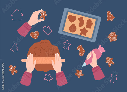Holiday vector illustration of the process of making gingerbread cookies. Includes cookie cutters, dough, baking sheet and icing decorations in a simple holiday style. Perfect for Christmas projects.