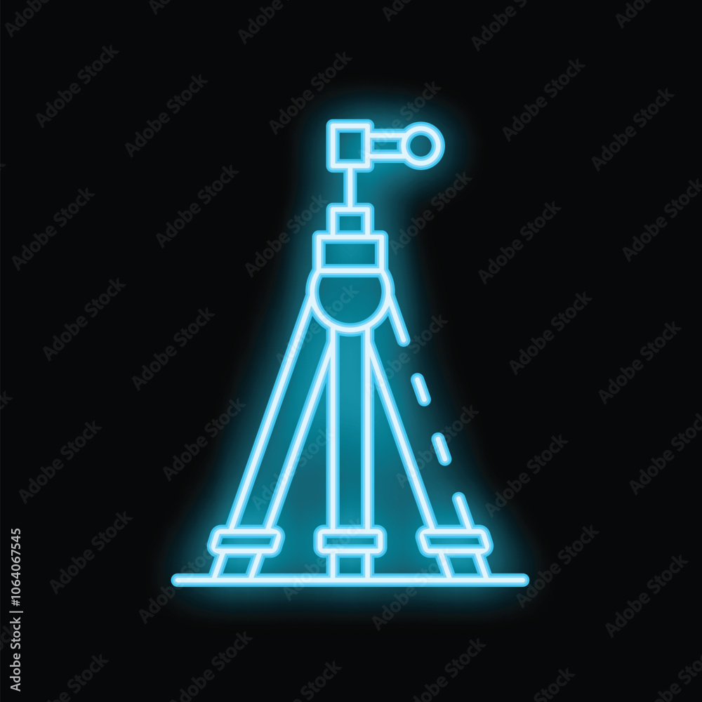 Blue neon icon of a tripod on a black background, symbolizing photography, video recording, and content creation Blue neon icon of a tripod on a black background, symbolizing photography, video recording, and content creation
