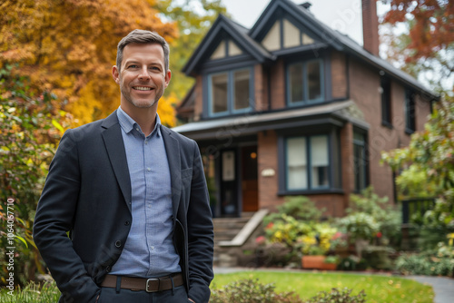 Wallpaper Mural A Caucasian male real estate agent standing in front of a house wearing a suit. Torontodigital.ca