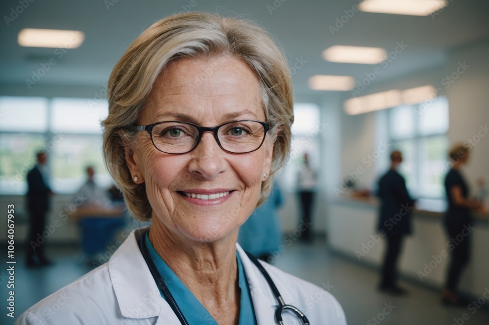 Fototapeta premium Close portrait of a smiling senior Swedish woman doctor looking at the camera, Swedish hospital blurred background