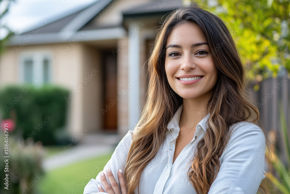 A Caucasian female real estate agent standing in front of a house wearing a white blouse. A Caucasian female real estate agent standing in front of a house wearing a white blouse.