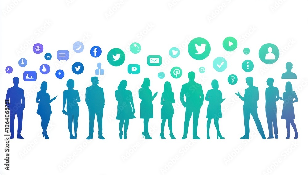Silhouettes of business people in the foreground and background, social media icons in the background, a gradient color scheme transitioning from green to blue, a white background Generative AI Silhouettes of business people in the foreground and background, social media icons in the background, a gradient color scheme transitioning from green to blue, a white background Generative AI