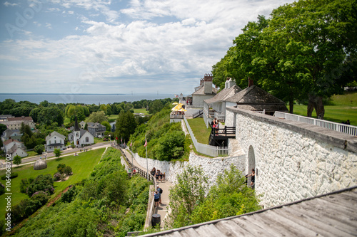 bridgeview over mackinac island and lake huron in michigan