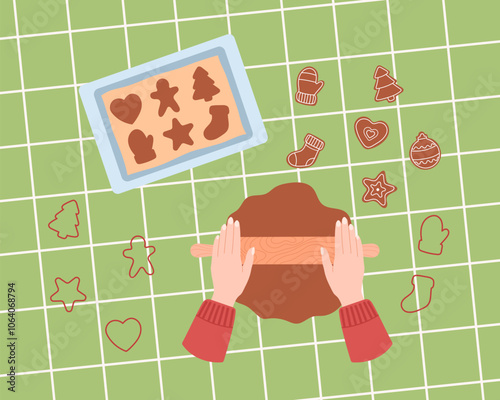 Holiday vector illustration of the process of making gingerbread cookies. Includes cookie cutters, dough, baking sheet and icing decorations in a simple holiday style. Perfect for Christmas projects.