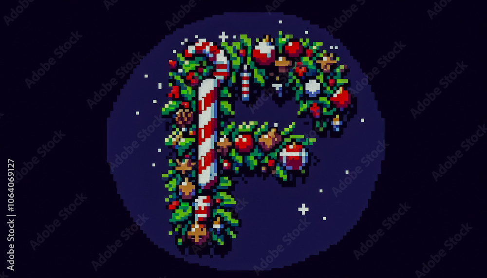 8-bit pixel art style illustration of christmas alphabet letter F 8-bit pixel art style illustration of christmas alphabet letter F