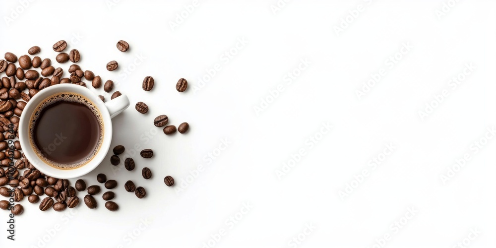 Freshly brewed coffee in a white cup surrounded by scattered coffee beans. This image captures the essence of a cozy coffee moment. Ideal for food blogs and lifestyle articles. AI Freshly brewed coffee in a white cup surrounded by scattered coffee beans. This image captures the essence of a cozy coffee moment. Ideal for food blogs and lifestyle articles. AI