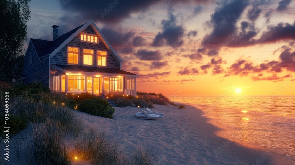 A cozy beach house with lit windows sits on a sandy beach at sunset. The house has a large deck with chairs and lanterns. The sky is filled with vibrant orange and pink clouds. A cozy beach house with lit windows sits on a sandy beach at sunset. The house has a large deck with chairs and lanterns. The sky is filled with vibrant orange and pink clouds.