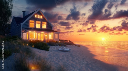 A cozy beach house with lit windows sits on a sandy beach at sunset. The house has a large deck with chairs and lanterns. The sky is filled with vibrant orange and pink clouds.