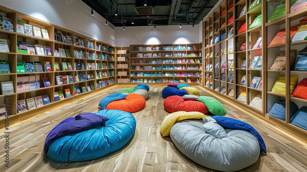 Obraz premium Colorful children's reading area with bean bags and wooden bookshelves in a bookstore.