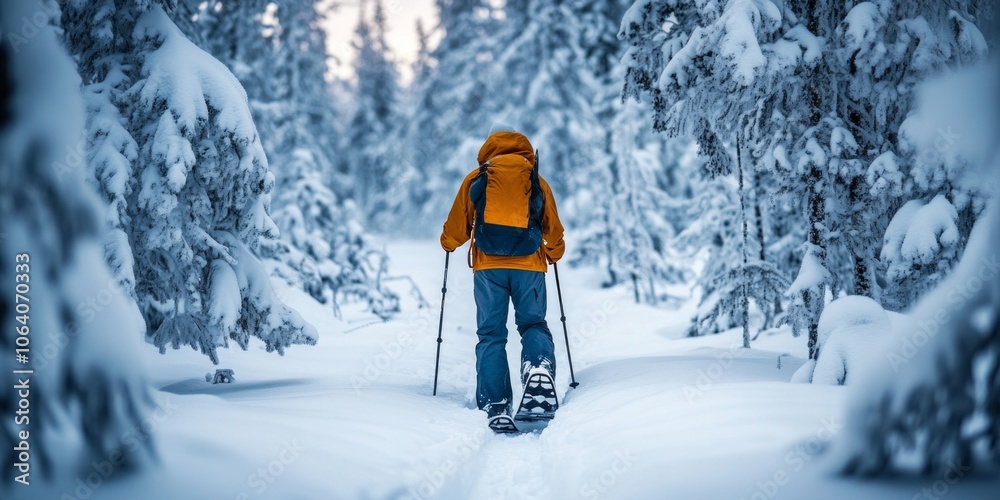 A person snowshoeing through a beautiful winter landscape. The snow-covered trees create a serene atmosphere. This image captures the essence of outdoor adventure and winter sports. AI A person snowshoeing through a beautiful winter landscape. The snow-covered trees create a serene atmosphere. This image captures the essence of outdoor adventure and winter sports. AI
