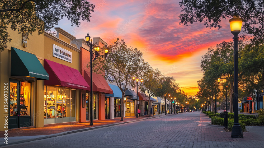 Charming Downtown Street at Sunset with Shops and Streetlights Charming Downtown Street at Sunset with Shops and Streetlights